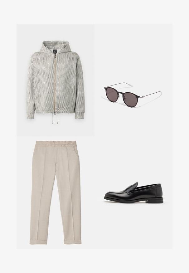 Hooded zip-up jacket in light gray with a geometric pattern in darker gray. Features a drawstring hem and ribbed cuffs.; Filippa K TERRY CROPPED TROUSERS - Trousers - sage melange; Black leather loafers with a smooth texture, rounded toe, and a decorative strap across the vamp. Low stacked heel, minimalist design.; Black round sunglasses with dark lenses and slim metal arms. Includes clear temple tips and silver accents at the hinge. Minimalist design.