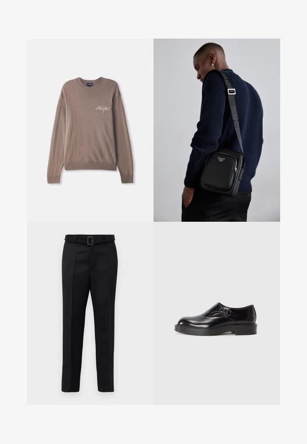 Barna kötött pulóver hosszú ujjal és kerek nyakkal. Kicsi hímzett logó található a mellrészen, valamint bordás mandzsetták és szegély.; A fekete, szabott nadrág sima anyagból készült, egyenes szabású, és övvel rendelkezik, amelynek téglalap alakú csatja van. A figyelemre méltó elülső redők fokozzák a dizájnt.; Fekete bőr cipő lekerekített orral, alacsony fekete sarokkal és díszítő pánttal. Simább textúrájú, fényes felülettel.; Fekete bőr keresztpántos táska cipzáras rekesszel, logó részlettel és márkázott állítható pánttal. Egy texturált tengerészkék pulóver mellett viselve.
