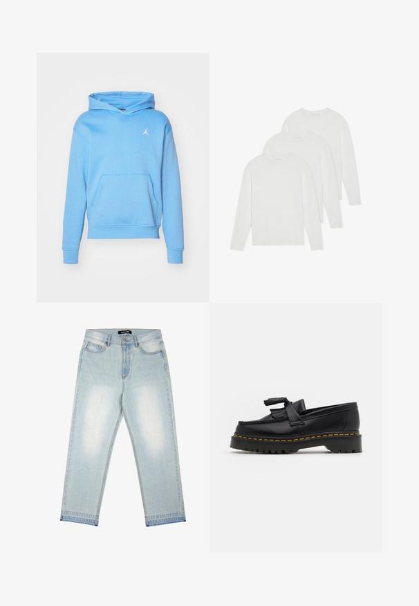 Felpa con cappuccio azzurro chiaro, dotata di tasca a marsupio, polsini e orlo a costine. Presenta un logo Jumpman bianco sul petto. Materiale morbido in misto cotone.; Set di tre t-shirt a maniche lunghe di colore bianco puro. Realizzate in tessuto leggero e morbido, con scollo rotondo e design semplice, senza decorazioni.; Pegador BARROW - Jeans loose fit - sand washed blue; Mocassino in pelle nera con un'accento a frange, dotato di una suola nera spessa e cuciture gialle lungo il bordo. Finitura testurizzata.