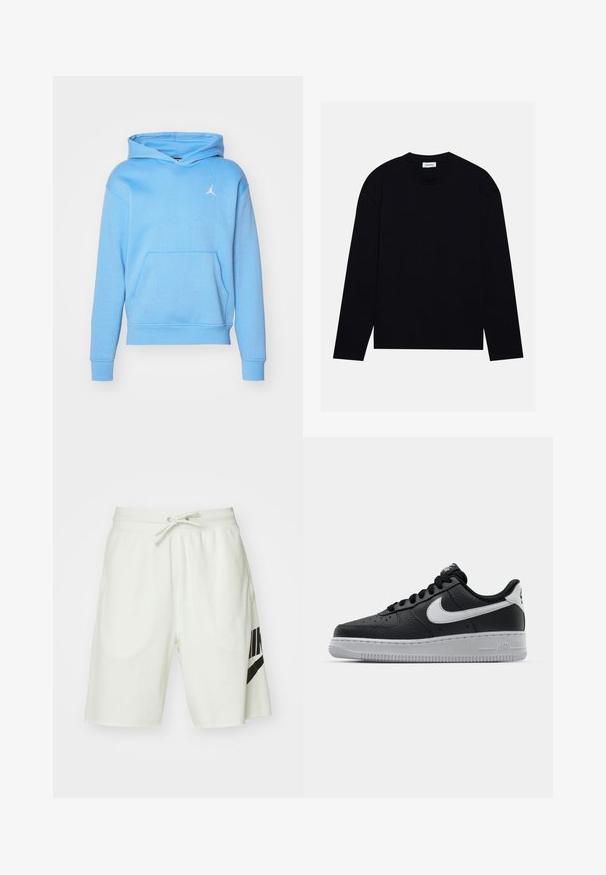 Vaaleansininen huppari, jossa on kengurupussi, ribbireunat hihansuissa ja vyötäröllä. Rinnassa on valkoinen Jumpman-logo. Pehmeä puuvillasekoite.; Musta pitkähihainen paita, jossa on pyöreä pääntie, valmistettu sileästä kankaasta. Siinä on laskettu olkapäät ja rento istuvuus, sekä sivuhalkiot helman kohdalla.; Vaaleanharmaat puuvillashortsit, joissa on joustava vyötärö ja säädettävä naru, sekä musta Nike-logo vasemmalla puolella.; Musta nahkakengät, joissa on teksturoitu pinta, valkoinen Nike -logo, harmaa pohja, pyöreä kärki ja nauhakiinnitys. Varustettu rei'illä kärkilaatikossa.