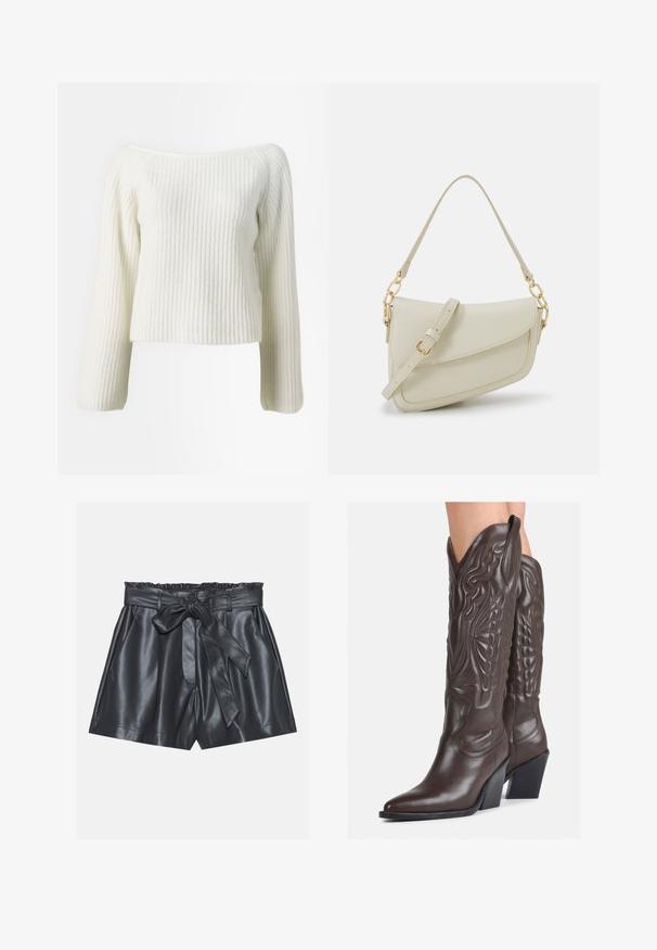 Balta raštuota megztinė su ilgomis rankovėmis ir pečius atidengiančiu iškirpimu, turinti tekstūruotą audinį ir trumpą dizainą.; Juodos oda šortai su aukštu liemeniu, elastinga juosta, nuimama juostos diržu ir lygia tekstūra. Yra lygus priekinis dizainas ir šoninės kišenės.; Rudos odinės kaubojaus batai su smailiu priekiu ir blokuotu kulnu, pasižymintys detaliu siuvinėjimu ir iškiliais akcentais ant ašies.; Mažas kreminis rankinukas su tekstūruotu paviršiumi, ilga reguliuojama juostele, grandinėle ir užsegimu su atvartu. Aukso detalės.; Aukso auskarai su lygiu, blizgiu paviršiumi. Apvalus dizainas su maža užrakto dalimi ir skaidria atrama saugiam nešiojimui.