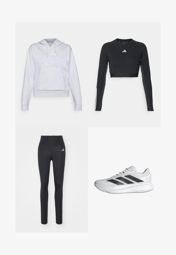 Felpa con cappuccio grigia realizzata in un morbido misto cotone, con un grande logo testurizzato sulla parte anteriore e una tasca frontale ampia.; Top da allenamento nero a maniche lunghe e cropped realizzato in tessuto morbido. Presenta un logo bianco sul petto e accenti a righe sulle maniche.; Leggings sportivi neri realizzati in tessuto elastico, con vita alta e un logo bianco del marchio sull'anca sinistra.; Scarpa da ginnastica bianca con tomaia in rete traspirante, tre strisce nere, suola leggera e dettagli testurizzati sul tallone per maggiore supporto.