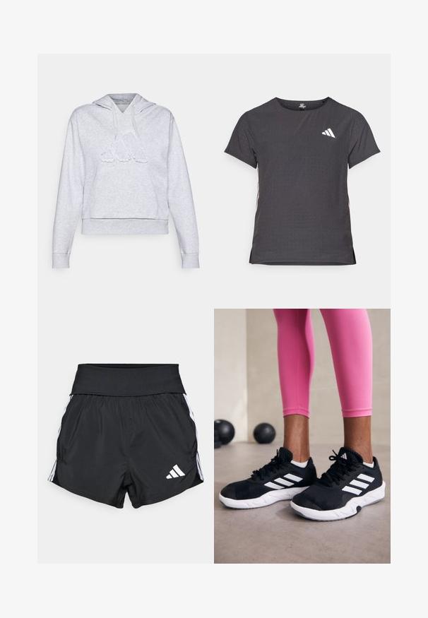Γκρι φούτερ με κουκούλα, φτιαγμένο από μαλακό μείγμα βαμβακιού, με μεγάλο υφασμάτινο λογότυπο στο μπροστινό μέρος και ευρύχωρη μπροστινή τσέπη.; Αθλητικό μπλουζάκι κοντό μανίκι, σκούρο γκρί με διάτρητη υφή. Διαθέτει λευκό λογότυπο και αντίθετες ρίγες στο πλάι. Στρογγυλή λαιμόκοψη.; Μαύρο αθλητικό σορτς από ελαφρύ υλικό, με φαρδύ λάστιχο στη μέση, λευκές ρίγες στο πλάι και μικρό λευκό λογότυπο στο κάτω μέρος.; Μαύρα αθλητικά παπούτσια με λευκές ρίγες, με επάνω μέρος από υφαντό πλέγμα και λευκή σόλα. Φορεμένα με ροζ κολάν, επιδεικνύοντας ρουχισμό προπόνησης.