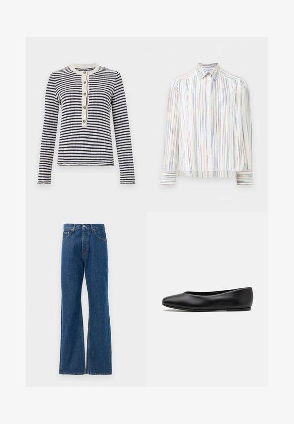 Gestreifter Cardigan in Marineblau und Creme, gerippter Rundhalsausschnitt, vordere Knopfleiste mit fünf Knöpfen, lange Ärmel, gestrickte Textur.; Gestreifte Bluse mit weißem Grund, versehen mit schmalen, mehrfarbigen Linien in Blau, Orange und Grün. Lange Ärmel und klassischer Kragen.; Blaue, ausgestellte Jeans aus Denim mit hoher Taille, fünf Taschen, silbernem Knopfverschluss und sichtbaren Nähten.; Paul Smith TOPANGA - Klassischer Ballerina - black