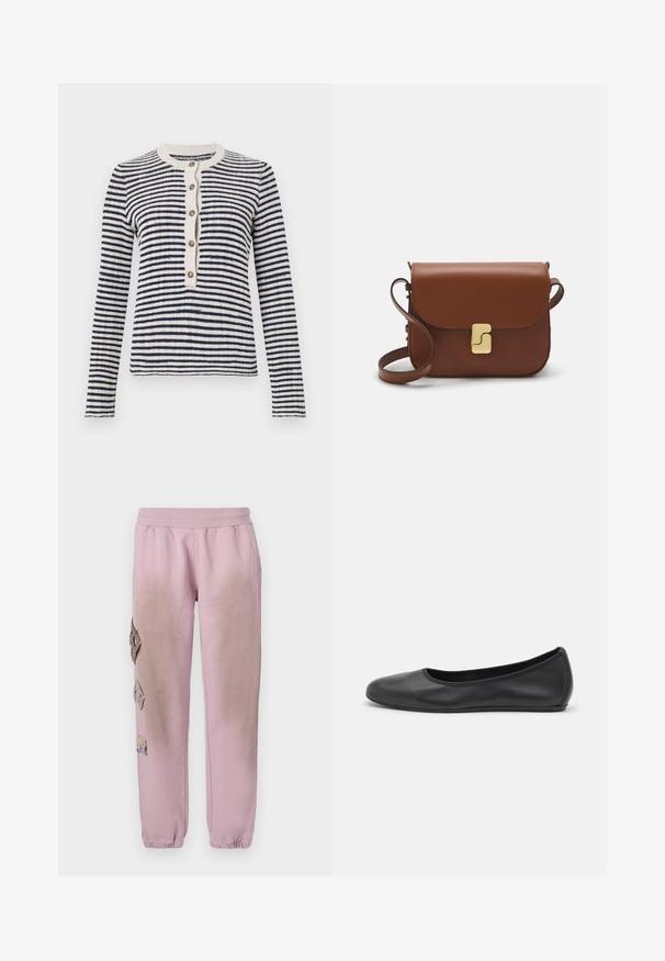 Gestreifter Cardigan in Marineblau und Creme, gerippter Rundhalsausschnitt, vordere Knopfleiste mit fünf Knöpfen, lange Ärmel, gestrickte Textur.; Weißes kurzärmliges T-Shirt aus geripptem Stoff. Runder Halsausschnitt, normale Passform und dezente Nähte. Keine Muster oder Grafiken.; Rosa Sweatpants mit elastischem Bund, verziert mit dekorativen Patches in Diamantform auf der linken Seite und elastischen Bündchen an den Knöcheln.; Schwarze Leder-Ballettschuhe mit abgerundeter Spitze, glatter Textur, minimalen Nähdetails und einem flexiblen Sohlen-Design.; Braune Ledertasche mit Klappenverschluss, Beschlägen in Goldfarbe, einem Schultergurt und einer glatten Oberfläche. Kompakte rechteckige Form.