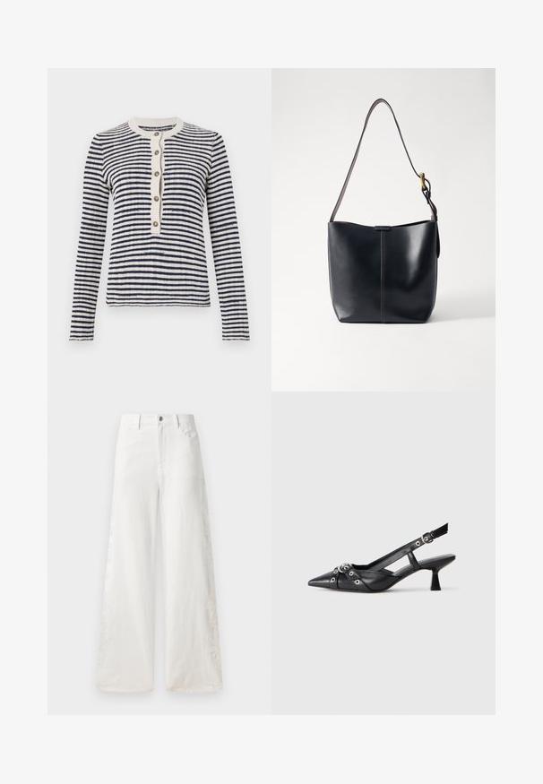 Raidallinen neuletakki tummansinisessä ja kermanvärisessä, ribattu pyöreä pääntie, etupainike, jossa on viisi nappia, pitkät hihat, neulottu pinta.; Valkoiset leveät farkut, joissa on sivuembellishments ja perinteinen viisi-taskuinen muotoilu. Vetoketjukiinnitys napilla.; Mustat nahkakengät, joissa on avonainen takaosa ja kärjessä terävä muoto, koristevyöt, joissa on metalliset reiät, sekä matala lohkoepohja. Teksturoitu pinta.; Musta nahkainen olkalaukku, jossa on sileä pinta, ohut ja pitkä hihna sekä hienovarainen ommeltu yksityiskohta keskellä.