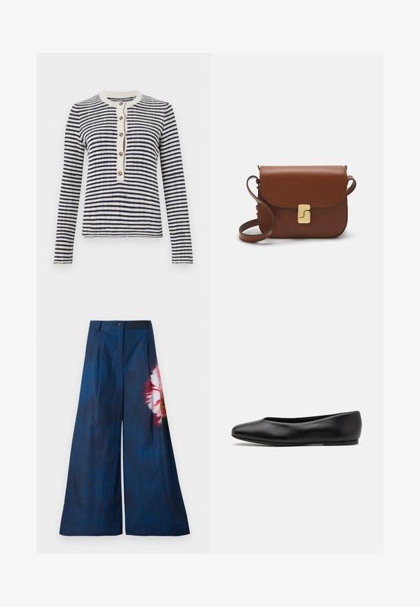 Striped cardigan in navy and cream, ribbed crew neck, front button closure with five buttons, long sleeves, knitted texture.; Wide-leg trousers in dark navy fabric, featuring a floral print in pink and yellow on one side, with a button closure at the waist.; Paul Smith TOPANGA - Ballet pumps - black; Brown leather handbag with a flap closure, gold-tone hardware, a shoulder strap, and a smooth texture. Compact rectangular shape.