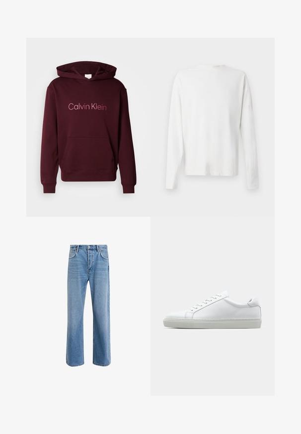 Burgundy huva sweatshirt med en framficka, med "Calvin Klein"-logotypen i ljusare text. Tillverkad av mjukt bomullsblandat tyg.; Vit långärmad skjorta i bomull med rund halsringning, sidofickor längst ner och en slät yta, visad bakifrån.; Ljust blå denimjeans med rak passform, fem fickor, knappstängning, minimal blekning och kontrasterande sömdetaljer.; Vit sneaker med en slät läderövre och låg profil. Har en rundad tå, sex snörhål och en strukturerad gummisula.