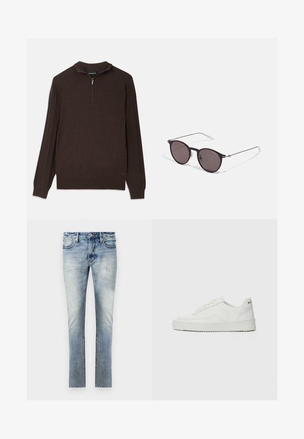 Barna kötött pulóver negyedcipzáras gallérral. Kiemelkedő négyzetes mintázattal rendelkezik. Hosszú ujjú, egyenes aljú.; Világoskék farmernadrág, kopott hatással, slim fit kialakítással, öt zsebbel és eltérő színű varrással a varratoknál.; Fehér bőr sportcipő sima felülettel, kerek orral, lapos fűzőkkel és texturált talppal. Finom logó található a sarokon.; Fekete kerek napszemüveg sötét lencsékkel és karcsú fém szárakkal. Átlátszó szárvégeket és ezüst részleteket tartalmaz az ívnél. Minimalista dizájn.