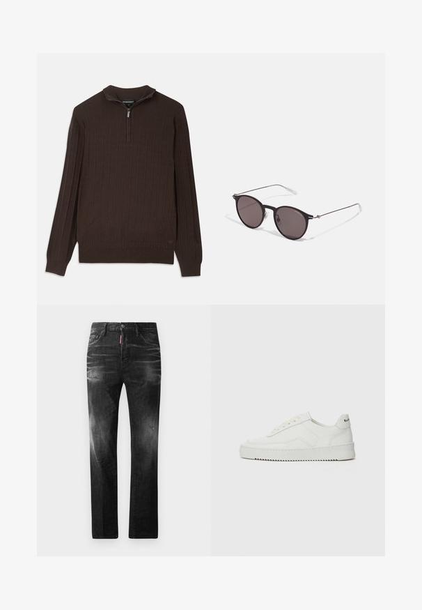 Barna kötött pulóver negyedcipzáras gallérral. Kiemelkedő négyzetes mintázattal rendelkezik. Hosszú ujjú, egyenes aljú.; Fekete farmernadrág egyenes szabással. Fakadó területek, kisebb kopások, klasszikus öt zsebes kialakítás és gombos zárás jellemzi.; Fehér bőr sportcipő sima felülettel, kerek orral, lapos fűzőkkel és texturált talppal. Finom logó található a sarokon.; Fekete kerek napszemüveg sötét lencsékkel és karcsú fém szárakkal. Átlátszó szárvégeket és ezüst részleteket tartalmaz az ívnél. Minimalista dizájn.