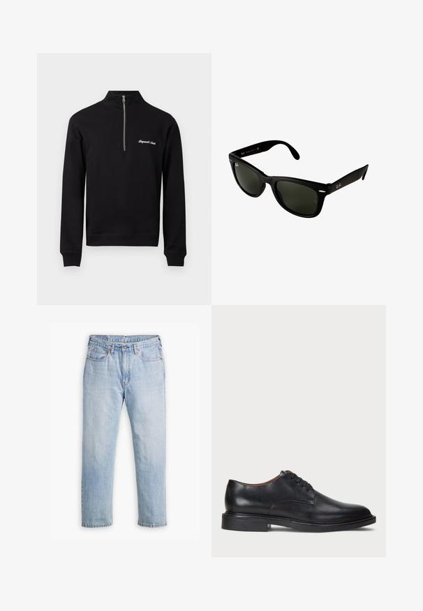 Mustrik mustasvuttas, millel on neljandik tõmblukk ja kõrge krae, valge tikandiga tekst "Originals Canada" vasakul rinnal.; Heledad hall sinised teksad sirge sääre disainiga, viie taskuga stiil ja kontrastne õmblus. Kõhukohal nööp ja lukk.; Must musta kleitjalats ümarate varvastega, paeltega disain ja madal virnastatud konts. Sile tekstuur minimaalsete õmblustega.; Mustad must plastikust päikeseprillid tumeroheliste läätsedega. Ruudukujuline raam koos hõbedaste aksessuaaridega ja reljeefne logo kõrvaplokkidel.