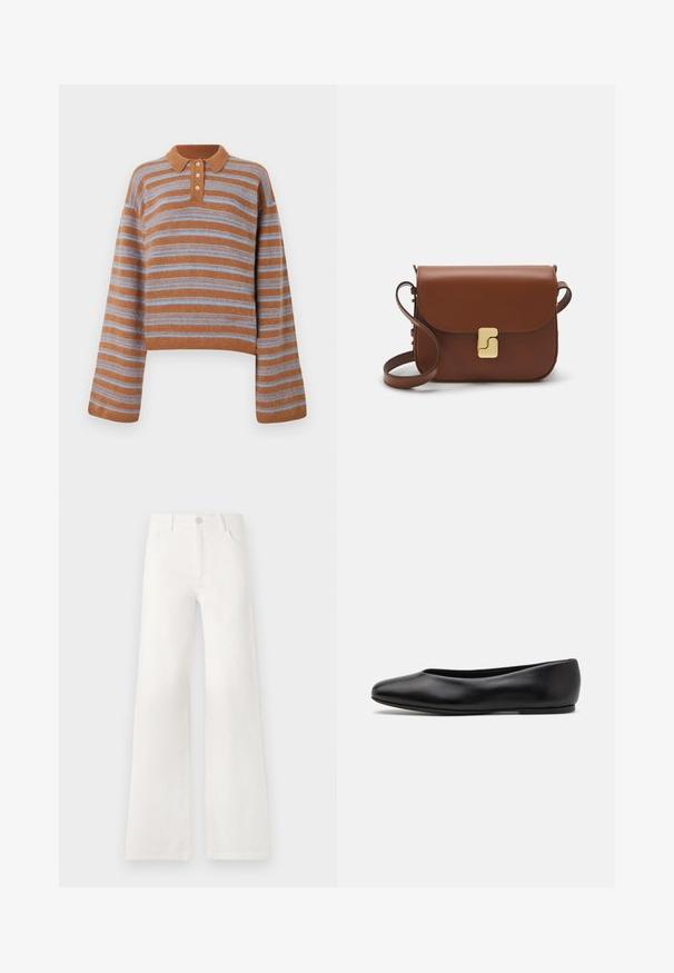 Brązowy i jasnoniebieski sweter dzianinowy w poziome paski, z długim rękawem, kołnierzykiem i rozcięciem na trzy guziki, pokazany na białym tle.; Białe dżinsy z wysokim stanem i szerokimi nogawkami. Wykonane z denimu. Posiadają zapięcie na guzik, dwie kieszenie z przodu oraz boczne szwy ze szczegółami w postaci przeszyć.; Paul Smith TOPANGA czarny; Brązowa skórzana torebka na ramię z klapką, złotymi detalami, paskiem na ramię i gładką teksturą. Kompaktowy prostokątny kształt.