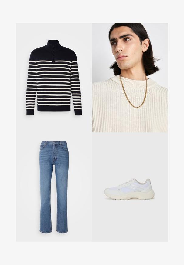 Jūras spēku un baltu svītrainu džemperi ar augstu apkakli, četru pogu aizdari, ribotām aprocēm un taisnu apakšmalu. Mīksta adīta tekstūra.; Balta kokvilnas krekla garajām piedurknēm ar pogām, kura dizainā ir klasiskā apkakle, priekšējās pogas un minimālistiska šuvju detaļa.; Zilā denima bikses ar augstu jostasvietu, taisnas kājas dizainu un vieglu nolietojumu. Satur klasisku piecu kabatu stilu un ar rāvējslēdzēju aizdari.; Baltas sporta apavi, kas izgatavoti no sieta un zamšāda, ar teksturētu starpzoli, teksturētām akcentēm un "HUGO" logo sānos.; Zelta ķēdes kaklarota uzvilkta virs krēmkrāsas ribota džempera; mīksta tekstūra ar augstu apkakli un smalku rakstu audumā.
