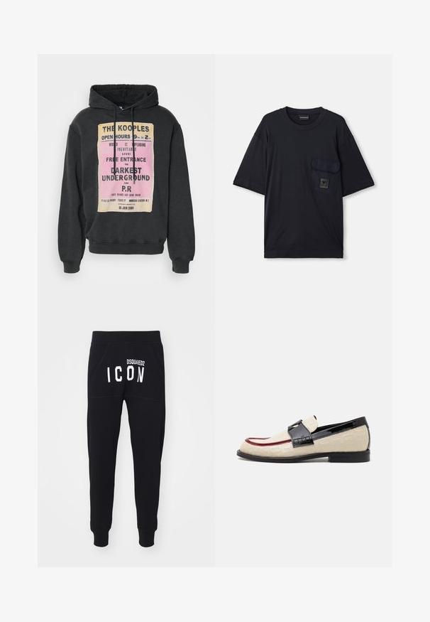 Schwarzer Hoodie mit einem Grafikdruck in Gelb und Pink. Verstellbare Kapuze mit Kordelzügen sowie gerippte Bündchen und Saum. Weicher Stoff.; Schwarzes kurzärmliges T-Shirt mit Rundhalsausschnitt und einer aufgesetzten Tasche auf der linken Brust, die mit einem kleinen rechteckigen Logo-Patch versehen ist.; Schwarze Jogginghosen mit weichem Material, schmal zulaufenden Beinen und Taschen. Auf der Rückseite prangt "DSQUARED2 ICON" in fetten weißen Buchstaben.; Beige Slipper mit geprägtem Muster, rotem Akzentstreifen und glänzendem schwarzen Absatz. Mit einem Riemen mit Schnallendetail. Flache schwarze Sohle.