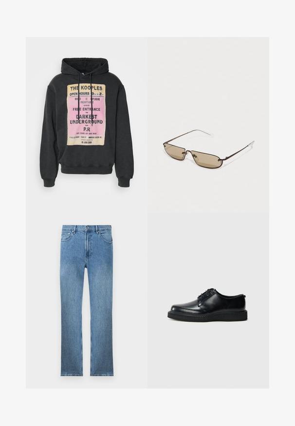 Black hoodie featuring a graphic print with yellow and pink text. Adjustable drawstring hood and ribbed cuffs and hem. Soft fabric texture.; Light blue denim jeans with a straight cut, five pockets, a zipper fly, and contrasting stitching. Fabric has a smooth, textured finish.; Black leather lace-up shoes with a rounded toe, smooth finish, and textured black rubber sole. Minimalistic design with no visible patterns.; Brown metal rectangular sunglasses with brown tinted lenses and thin, clear temple tips, featuring a minimalist design and subtle branding.
