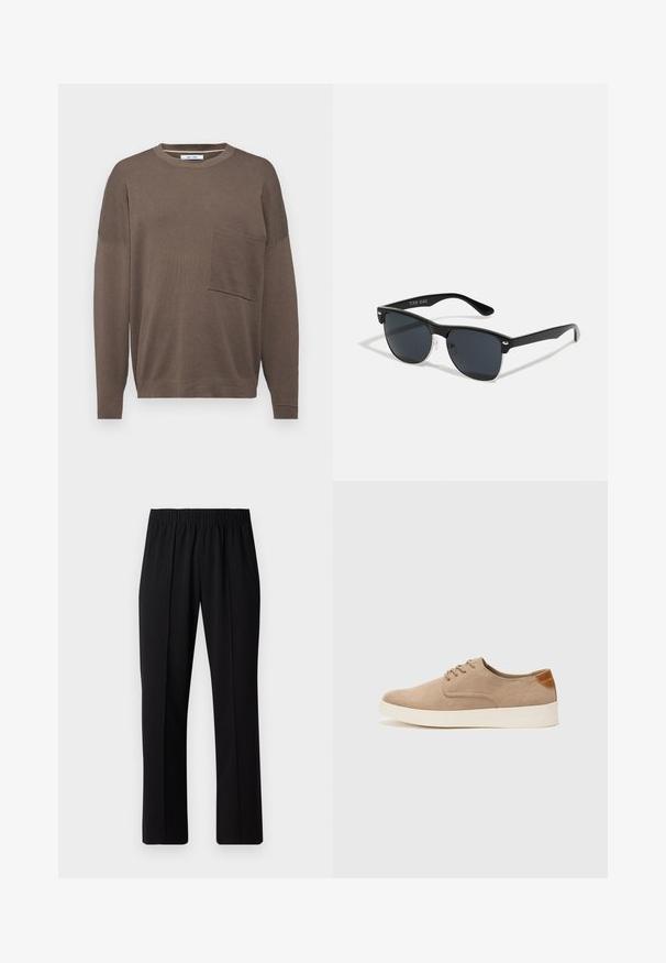 Brun langermet genser med rund hals, med en frontlomme og et strukturert strikkedesign. Passformen er avslappet og ermene er litt senket.; Svart, elastisk midjebukser med rett ben-design, med en glatt tekstur og uten synlige mønstre eller maskinvare.; Beige semskinnsko med rund tå, snøring foran og en teksturert bakre aksent. Hvit gummisåle gir kontrast. Enkelt og moderne design.; Sorte solbriller med rektangulær form, mørke linser, sølvfargede detaljer ved templene, og en matt finish på rammen.