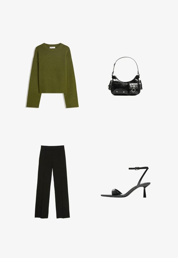 Oliwkowy dzianinowy sweter z okrągłym dekoltem, długimi rękawami i ribbowym wykończeniem. Charakteryzuje się skróconym fasonem i miękkim, teksturowanym wykończeniem.; Czarne spodnie szerokie na nogawkach wykonane z gładkiego materiału, z dopasowanym paskiem w talii i subtelnymi fałdami z przodu, które dodają tekstury.; Bershka - Sandały na obcasie; Czarna torebka z lakierowanej skóry o zaokrąglonym kształcie, z jednym paskiem na ramię, przednimi kieszeniami i akcentami w kolorze srebrnym.
