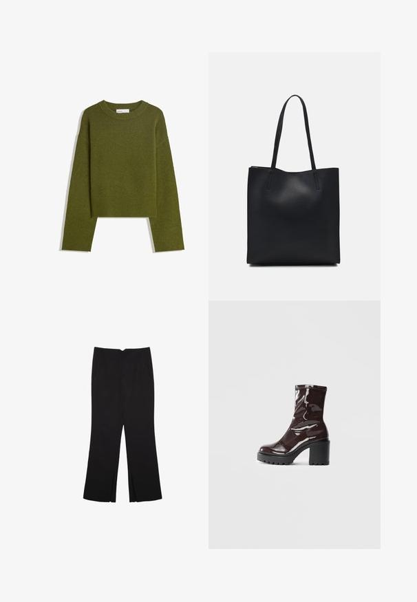 Olivgrüner Strickpullover mit Rundhalsausschnitt, langen Ärmeln und geripptem Saum. Verfügt über ein kurzes Design mit einer weichen, strukturierten Oberfläche.; Schwarze Hose mit geradem Schnitt, ausgestattet mit Fronttaschen und Seitenschlitzen am Saum. Hergestellt aus weichem, glattem Stoff. Geeignet für verschiedene Anlässe.; Glatte bordeauxrote Ankle Boots mit einem klobigen schwarzen Absatz, die eine glatte Oberfläche und ein einfaches Design aufweisen. Keine sichtbaren Verschlüsse oder Muster.; Schwarze Laptoptasche aus Leder mit glatter Textur, rechteckiger Form und zwei langen Griffen. Keine sichtbaren Beschläge oder Verzierungen.