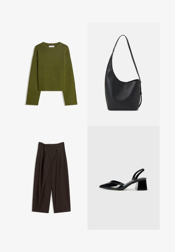 Olivno zelena pletena jopica s krojem na okroglo, dolgimi rokavi in ribanim robom. Ima skrajšan dizajn s mehkimi, teksturiranimi zaključki.; Temno rjave široke hlače z visokim pasom, ki imajo en gumb za zapiranje in zamaščen sprednji del. Narejene so iz lahkega blaga.; Črne lakirane slingback pete s koničastim nosom in geometrijsko blokasto peto. Imajo eleganten, minimalističen dizajn in gladko teksturo.; Črna usnjena hobo torba z gladko teksturo, ukrivljeno obliko in eno nastavljivo naramnico; ima širok odprtina na vrhu.