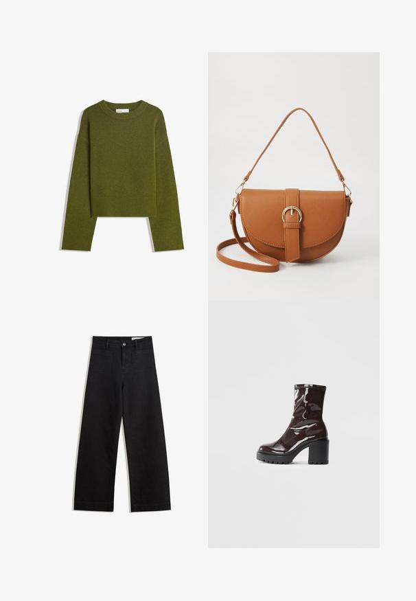 Olivno zelena pletena jopica s krojem na okroglo, dolgimi rokavi in ribanim robom. Ima skrajšan dizajn s mehkimi, teksturiranimi zaključki.; Črne široke denim hlače z visokim pasom, ki imajo sprednje in zadnje žepe, šivane šive ter gumbasto zapiranje. Gladka tekstura.; Sijajan škrlatank z bleščečim videzom, z masivnim črnim peto, ki se ponaša z gladko teksturo in preprostim dizajnom. Brez vidnih zapenjal ali vzorcev.; Rjava usnjena torbica prek telesa s ukrivljeno obliko, zlate opreme in sponko. Ima odstranljiv naramni trak.