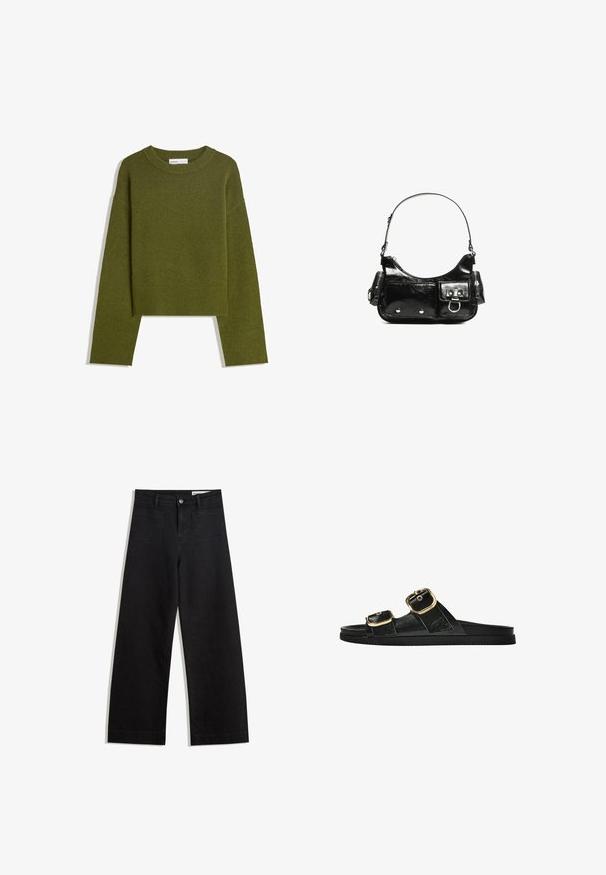 Oliwkowy dzianinowy sweter z okrągłym dekoltem, długimi rękawami i ribbowym wykończeniem. Charakteryzuje się skróconym fasonem i miękkim, teksturowanym wykończeniem.; Czarne dżinsowe spodnie o szerokich nogawkach i wysokim stanie, z przednimi i tylnymi kieszeniami, przeszyciami oraz zapięciem na guziki. Gładka struktura.; Czarne klapki z dwoma złotymi klamrami, gładki materiał, płaska podeszwa i minimalistyczny design.; Czarna torebka z lakierowanej skóry o zaokrąglonym kształcie, z jednym paskiem na ramię, przednimi kieszeniami i akcentami w kolorze srebrnym.