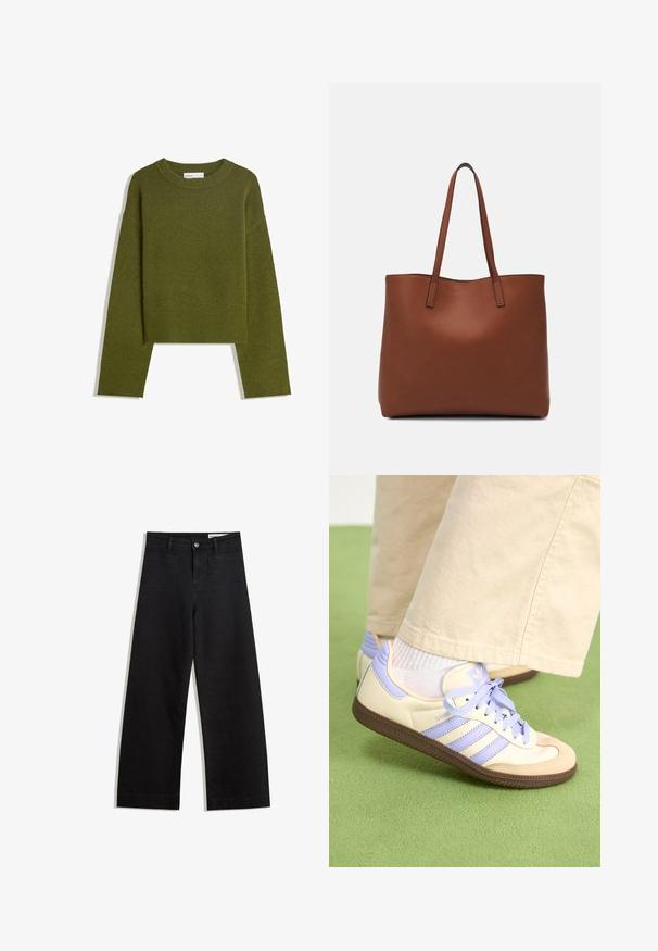 Olivově zelený pletený svetr s kulatým výstřihem, dlouhými rukávy a žebrovaným lemem. Má zkrácený střih a měkký, texturovaný povrch.; Černé denimové kalhoty s volným střihem a vysokým pasem, vybavené předními a zadními kapsami, prošívanými švy a knoflíkovým zapínáním. Hladká textura.; Krémové a levandulové tenisky se třemi pruhy a texturovanou hnědou podrážkou, vybavené tkaničkami a polstrovanou patou. Měkký textilní svršek.; Hnědá kožená taška přes rameno s hladkou texturou, otevřeným designem a dvěma ramenními popruhy. Obsahuje minimální švy a žádné viditelné kovové prvky.