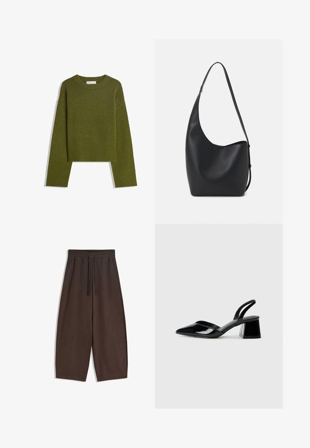 Olivgrüner Strickpullover mit Rundhalsausschnitt, langen Ärmeln und geripptem Saum. Verfügt über ein kurzes Design mit einer weichen, strukturierten Oberfläche.; Braune, weit geschnittene Hose aus weichem Stoff mit elastischem Bund und Kordelzug, glatter Textur und schlichtem Design.; Schwarze Lackleder-Slingback-High Heels mit spitzem Schuh und einem geometrischen Blockabsatz. Verfügt über ein schlankes, minimalistisches Design und eine glatte Textur.; Schwarze Leder-Hobo-Tasche mit einer glatten Textur, geschwungener Form und einem einzelnen verstellbaren Tragegurt; verfügt über eine weite Öffnung am oberen Ende.