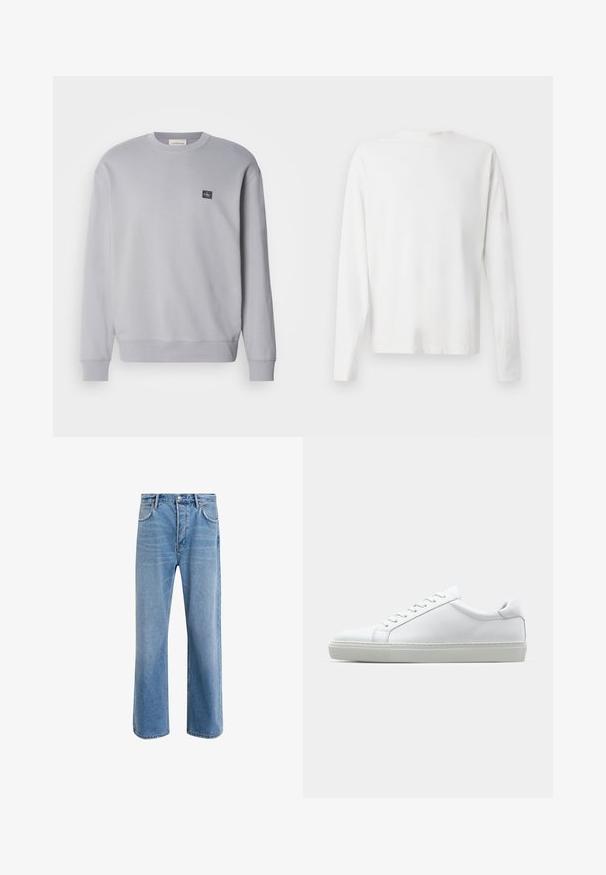 Světle šedá mikina vyrobená z bavlněné směsi. Má dlouhé rukávy, kulatý výstřih a malou nášivku s logem na hrudi. Měkká textura.; Bílá bavlněná košile s dlouhým rukávem a kulatým výstřihem, s bočními rozparky na spodní části a hladkým povrchem, vystavená zezadu.; Světle modré džínové kalhoty s rovnými nohavicemi, pěti kapsami, zapínáním na knoflík, minimálním vyblednutím a kontrastním prošitím.; Bílé tenisky s hladkým koženým svrškem a nízkým profilem. Mají zaoblenou špičku, šest nýtů a texturovanou gumovou podrážku.