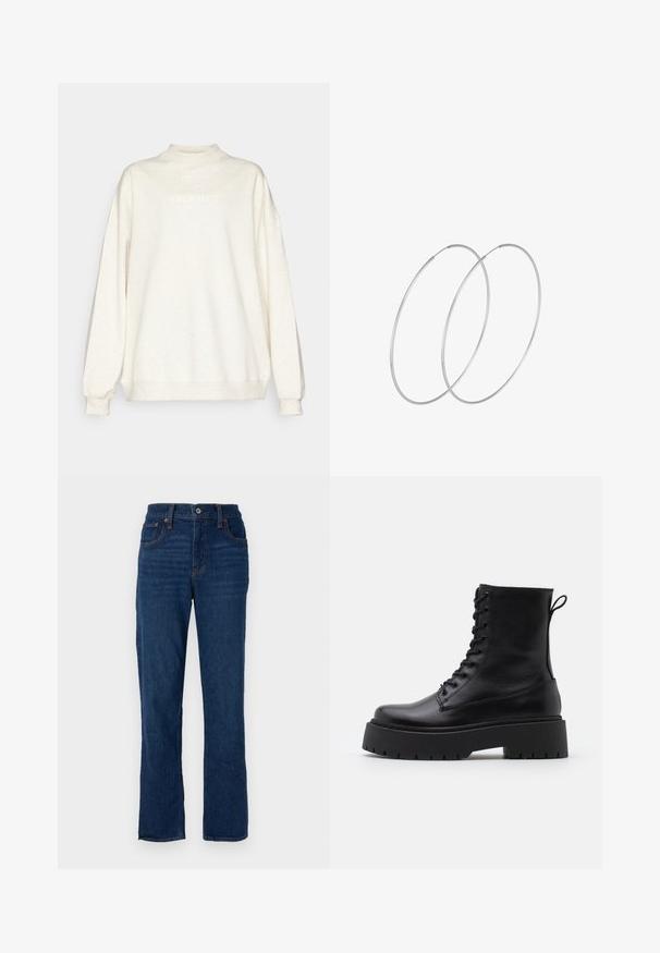 Svetlo krémová mikina s polokrilovým výstrihom, spustenými ramenami a dlhými rukávmi. Na prednej strane sa nachádza slovo "Fabletics" v svetlom písmene.; Tmavomodré džínsy s rovnými nohavicami, päť vrecový dizajn, oranžové prešitie a gombík na zapínanie v páse.; Čierne kožené členkové topánky s okrúhlou špičkou, šnurovaním vpredu a hrubou gumovou podrážkou s textúrovaným vzorom. Sťahovací pútko na zadnej strane.; Strieborné kruhové náušnice s minimalistickým dizajnom. Cirkulárny tvar, hladký povrch a tenký profil. Ľahké s lesklým povrchom.