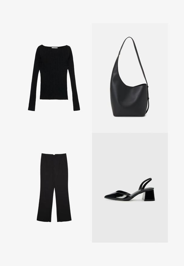 Černý dlouhý rukáv žebrovaný top s čtvercovým výstřihem, úzkým střihem a strukturovanou tkaninou. Ideální na vrstvení nebo na neformální nošení.; Černé kalhoty s rovným střihem, s předními kapsami a bočními rozparky na lemu. Vyrobené z jemné, hladké tkaniny. Vhodné na různé příležitosti.; Černé lakované kožené lodičky na pásku s špičatou špičkou a geometrickým blokovým podpatkem. Vyznačují se elegantním, minimalistickým designem a hladkým povrchem.; Černá kožená hobo taška s hladkým povrchem, zakřiveným tvarem a jedním nastavitelným popruhem; má široké otevírání nahoře.