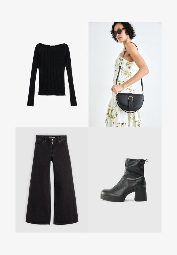 Schwarzes Langarm-Oberteil mit Rippstruktur, das über einen quadratischen Ausschnitt, eine schlanke Passform und einen strukturierten Stoff verfügt. Ideal zum Layering oder für lässige Outfits.; Schwarze Denim-Jeans mit weitem Bein, Reißverschluss vorne, Fünf-Taschen-Design und dezenten Stickdetails. Glatte Textur und lässiger Stil.; Schwarze Stiefeletten aus glattem Leder mit seitlichem Reißverschluss, klobigem strukturiertem Absatz und runder Zehenform.; Schwarze Lederhandtasche mit geschwungener Form, abnehmbarem Tragegurt und goldenen Beschlägen. Die Tasche verfügt über einen Deckel mit einer Schnallen-Details.