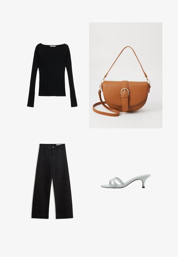 Zwart langemouw ribbed top met een vierkante halslijn, slanke pasvorm en gestructureerde stof. Ideaal voor lagen of casual kleding.; Zwarte denim broek met wijde pijpen en een hoge taille, voorzien van voor- en achterzakken, gestikte naden en een knoopsluiting. Gladde textuur.; Lichtgrijze hakken met drie kruislings geplaatste banden, een slank profiel en een taps toelopende hak. Gladde textuur met een lichtglanzende afwerking.; Bruine leren schoudertas met een gebogen vorm, gouden hardware en een gespaccent. Bevat een afneembare schouderriem.