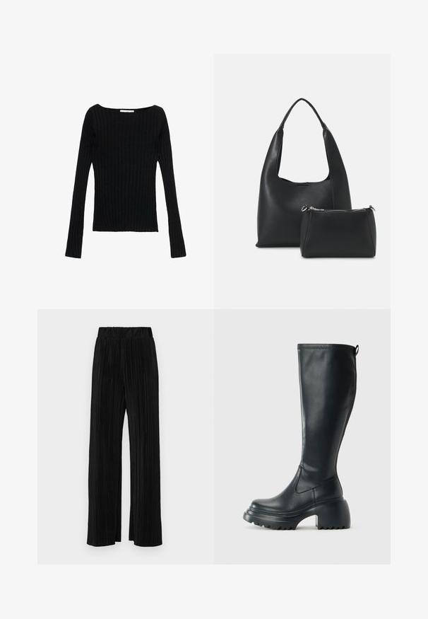 Top lung cu maneci lungi, de culoare neagră, cu detalii cu nervuri, prezentând un decolteu pătrat, o croială slim și un material texturat. Ideal pentru stratificare sau purtare casuală.; Pantaloni negri plisati cu talie elastică. Prezintă picioare largi și un material neted, texturat, cu dungi verticale.; Cizme lungi din piele neagră cu talpă platformă masivă și tocul pătrat, având un tab de tragere și un model texturat pe talpa exterioară.; Even&Odd Geantă de mână - black