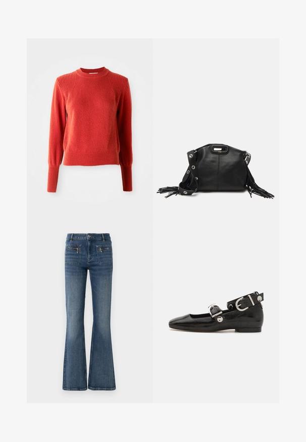 Roter Strickpullover mit geripptem Rundhalsausschnitt, Schultern, Bündchen und Saum, vor einem schlichten weißen Hintergrund präsentiert.; Ausgestellte blaue Jeans aus Denim mit mittelhohem Bund, ausgestattet mit Vorder- und Gesäßtaschen sowie einer dezenten ausgeblichenen Waschung.; Schwarze Lackleder-Ballerina mit eckiger Zehenpartie, Knöchelriemen mit silberner Hardware und flacher Sohle. Glatte Textur mit minimalistischen Design.; Maje MISS MINI - Umhängetasche - noir; Goldtonige Ohrringe mit mehreren kaskadierenden Ketten, verziert mit klaren ovalen Strasssteinen und dekorativen Ohrsteckern.