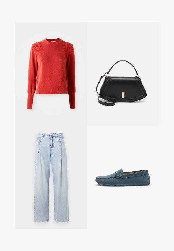 Roter Strickpullover mit geripptem Rundhalsausschnitt, Schultern, Bündchen und Saum, vor einem schlichten weißen Hintergrund präsentiert.; Helle blaue Denim-Jeans mit hoher Taille, weitem Beinschnitt, zwei seitlichen Taschen und gefaltetem Design. Weiche Textur mit einem ausgebleichten Finish.; Blaue Wildleder-Slipper mit flacher Sohle, die an den Kanten mit einer gestickten Gestaltung versehen sind und einen dekorativen Metallelement an der Vorderseite besitzen.; Schwarze Lederhandtasche mit einem strukturierten Design, das eine verkürzte Form, einen oberen Griff und goldfarbene Hardware-Details aufweist. Verstellbarer Schulterriemen ist enthalten.