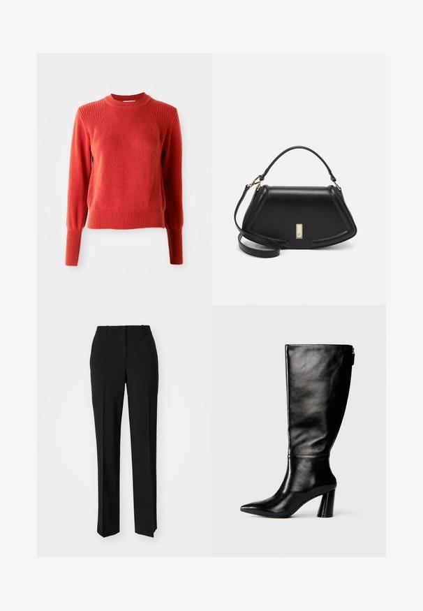 Red knit sweater with ribbed crew neck, shoulders, cuffs, and hem, displayed against a plain white background.; Black tailored trousers with a straight-leg design, featuring a smooth texture and crisp creases along the front. No visible hardware.; Knee-high black leather boot with a pointed toe, smooth texture, and a chunky heel. Features a zipper detail at the back.; Black leather handbag with a structured design, featuring a cropped shape, top handle, and gold hardware accent. Adjustable shoulder strap included.