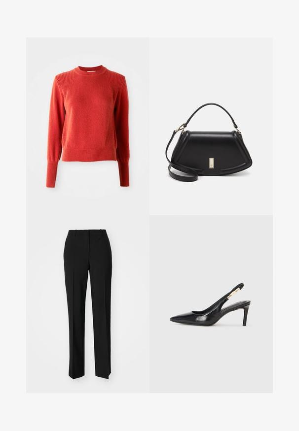 Red knit sweater with ribbed crew neck, shoulders, cuffs, and hem, displayed against a plain white background.; Black tailored trousers with a straight-leg design, featuring a smooth texture and crisp creases along the front. No visible hardware.; Black leather slingback high-heeled shoe with a pointed toe, smooth texture, and a narrow ankle strap featuring gold hardware accents.; Black leather handbag with a structured design, featuring a cropped shape, top handle, and gold hardware accent. Adjustable shoulder strap included.