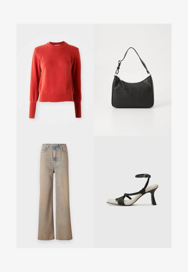 Maglione rosso lavorato a maglia con collo a girocollo a costine, spalle, polsi e orlo, mostrato su uno sfondo bianco semplice.; Jeans a gamba larga in denim di colore chiaro con vita alta. Caratterizzati da cuciture sottili e cinque tasche, con una texture leggermente sbiadita.; Sandal con tacco nero e design con cinturino intrecciato, punta quadrata e cinturino alla caviglia regolabile. Soletta beige chiaro con tacco nero lucido.; Borsa a tracolla in pelle nera con forma curva, una tracolla singola, chiusura con zip e marchio discreto sul fronte. Texture liscia, design minimalista.