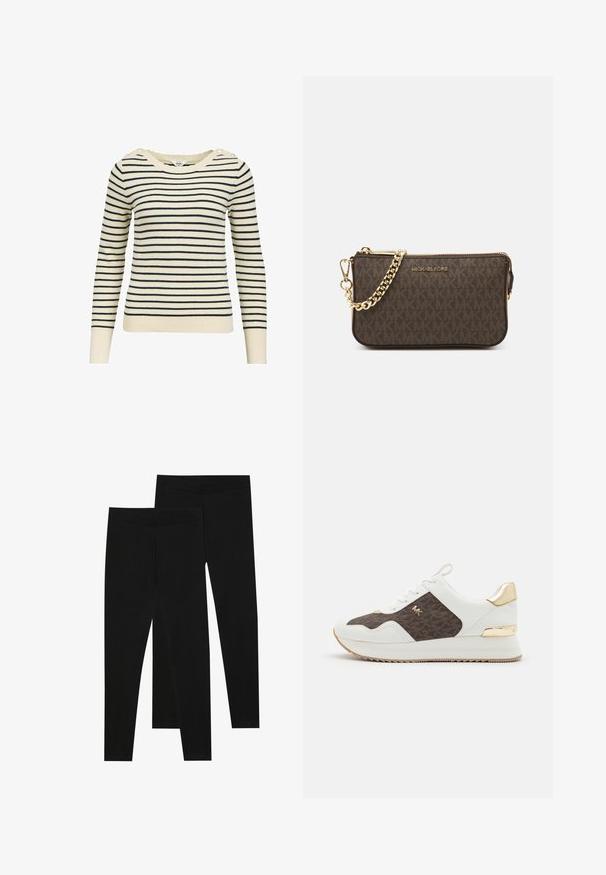 Suéter a rayas en crema y marino, con un escote amplio, mangas largas, material texturizado y botones decorativos en los hombros.; Leggings negros de tejido elástico, con una cinturilla sin costuras y un diseño ajustado, adecuados para uso casual o ejercicio.; Zapatillas blancas con panel de tela de patrón marrón, acabados de hardware dorados, puntera redonda, diseño de cordones y suela de goma texturizada.; Bolso bandolera de cuero marrón con patrón de logotipos, correa de cadena dorada, cierre de cremallera y detalles en dorado. Forma compacta y rectangular.