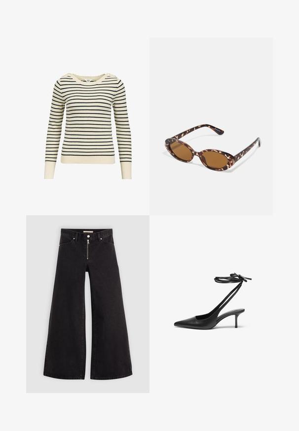 Striped sweater in cream and navy, featuring a wide neckline, long sleeves, textured material, and decorative shoulder buttons.; Wide-leg jeans in black denim with a zippered front, five-pocket design, and subtle stitching details. Smooth texture and casual style.; Black leather stiletto shoe with a pointed toe, open back, and ankle straps tied in a bow. Slim 3-inch heel. Smooth texture, minimalist design.; Tortoiseshell sunglasses with oval lenses, brown-tinted, thin arms featuring a textured pattern, lightweight plastic frame.