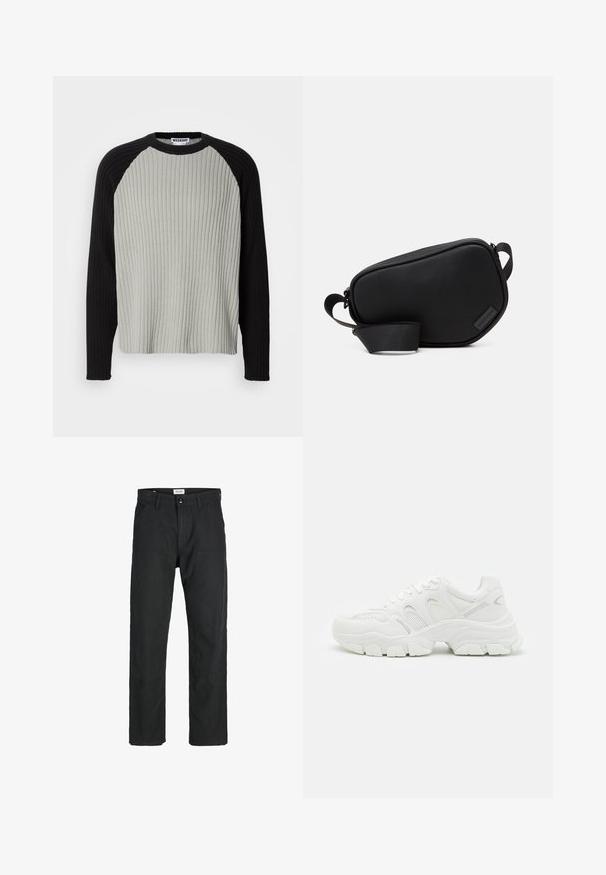 Ribbed knit sweater featuring a light gray body and black raglan sleeves. Crew neckline, textured fabric, and relaxed fit.; Black pants made of durable fabric, featuring a straight-leg design, stitched accents, and two front pockets for functionality.; White athletic sneakers featuring a mesh upper with leather accents, textured rubber sole, and a chunky design with notable contours.; Black, zippered crossbody bag made of smooth material, featuring a flat shape, a single strap, and a small logo accent. Minimalist design.