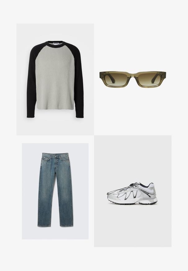 Ribota adīta džemperis ar gaiši pelēku pamatni un melniem raglanu piedurknēm. Apaļa kakla izgriezums, teksturēts audums un brīvā piegriezuma siluets.; Zili taisni džinsi no denima ar priekšējiem un monētu kabatām, jostas cilpām un metāla pogu aizdari uz vienkrāsaina fona.; Baltas sporta apavi ar acs audumu, melniem akcentiem, strukturētu gumijas zoli un elastīgu šņorēšanas sistēmu. Gaiši un ar modernu dizainu.; Brūna gradienta saulesbrilles ar taisnstūrveida formu, biezām masīvām rāmjiem un melniem tempļiem. Caurspīdīgs brūns materiāls piešķir dimensiju.