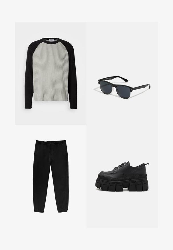 Pletena majica s rebrastim uzorkom koja ima svijetlosivu boju tijela i crna raglan rukava. Okrugli izrez, teksturirana tkanina i opušteni kroj.; Crne hlače s elastikom u struku i vezicom, sužene nogavice, bočne džepove i suptilne detalje šivanja s strane. Mekana pamučna tkanina.; Buffalo GOSPHER LACE UP - Cipele s vezicama - black; Crne sunčane naočale pravokutnog oblika, tamne leće, srebrni detalji na sljepoočnicama i matirajuća završna obrada okvira.