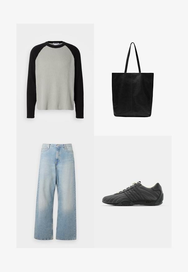 Rippstrickpullover mit einem hellgrauen Körper und schwarzen Raglanärmeln. Rundhalsausschnitt, strukturiertes Material und lockere Passform.; Helle blaue weit geschnittene Jeans aus Denim, mit hoher Taille, Fronttaschen und einem ausgewaschenen Look mit subtilen Abzeichen an den Oberschenkeln.; adidas Originals ADIRACER UNISEX - Sneaker low - core black/cream white; Schwarze Leder-Tragetasche mit langen, flachen Griffen. Einfaches Design, rechteckige Form, glatte Textur und keine sichtbaren Beschläge oder Verzierungen.
