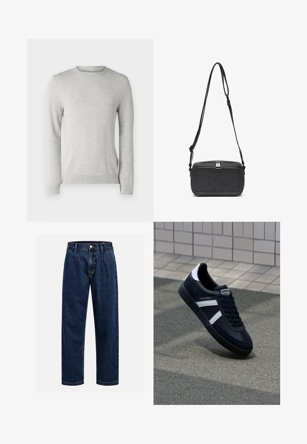 Helehall villane sviiter ümmarguse kaelusega, pikkade varrukatega, tekstuurse mustriga ning soonikkraega ja -alusvärviga. Pehme, hingav kangas.; Tumed sinine denimiteksad sirge lõikega. Omavad nähtavat tikandit, nuppe sulgemiseks ning ees olevaid voldikesi lisadetailiks.; Must have musta sneaker musta valgete triipudega, tekstuurne kummitald ja nööridega esiosa. Omab bränditud märki keele peal.; Musternast mustriga nahast ristiõlgadega kott, millel on tõmbluku sulgemine, esiküljel on sissepressitud logo ja reguleeritav rihm. Sile tekstuur ja ristkülikukujuline kuju.