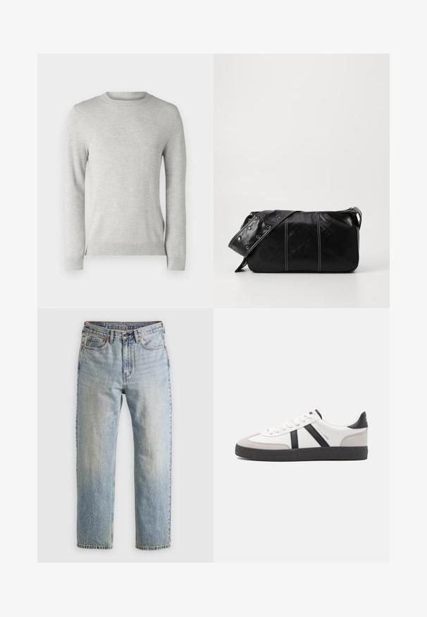 Lys grå striktrøje med rund halsudskæring, lange ærmer, tekstureret mønster og ribkantede ærmer og bund. Blødt, åndbart stof.; Lysblå denim jeans med høj talje, frontknap, lynlås og fem-lomme design, lagt fladt på en neutral baggrund.; Hvide sneakers med sorte og grå detaljer, med en tekstureret grå tåhætte, sort gummisål og flade hvide snørebånd. Rent design, minimalistisk stil.; Sort læder skuldertaske med lynlås, der har en tekstureret overflade, hvid syning og en rem med sølvøskner.