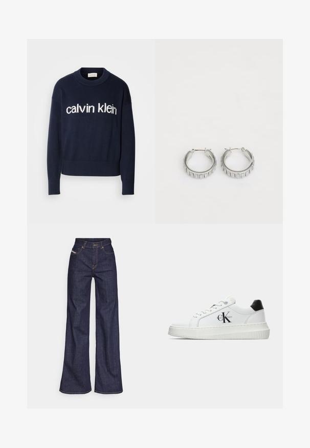 Μπλέ πουλόβερ με λογότυπο "calvin klein" σε λευκό χρώμα στο στήθος, με ραμμένες μανσέτες και τελείωμα, κατασκευασμένο από μαλακό πλεκτό υλικό.; Σκούρο μπλε παντελόνι τύπου wide-leg από τζιν ύφασμα με ψηλή μέση, διακοσμημένο με πορτοκαλί ραφές, πέντε τσέπες και κουμπωτή κλείσιμο.; Λευκό αθλητικό παπούτσι χαμηλού προφίλ με μαύρη ταμπέλα στη φτέρνα, πλατφόρμα, κορδόνια και λογότυπο "CK" της Calvin Klein στο πλάι.; Ασημένια σκουλαρίκια κρίκοι με υφή που διαθέτει κατακόρυφες ραβδώσεις. Κυκλικός σχηματισμός με ασφαλές κλείσιμο. Λείος φινίρισμα.