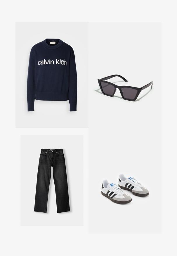 Mornarško pulover s kapuco z belim logotipom "calvin klein" čez prsi, rebrastimi manšetami in spodnjim robom, izdelan iz mehke pletenine.; Bershka Ravne kavbojke - mottled dark grey; Športni čevlji z belim usnjenim zgornjim delom, sivim semišem na prstih in tremi črnimi črtami. Imajo modro logo na jeziku in teksturiran gumijast podplat.; Črne, angularne sončne očala z sivimi lečami; izdelana iz plastike, imajo debele ročke z gladko površino in brez vidne opreme.