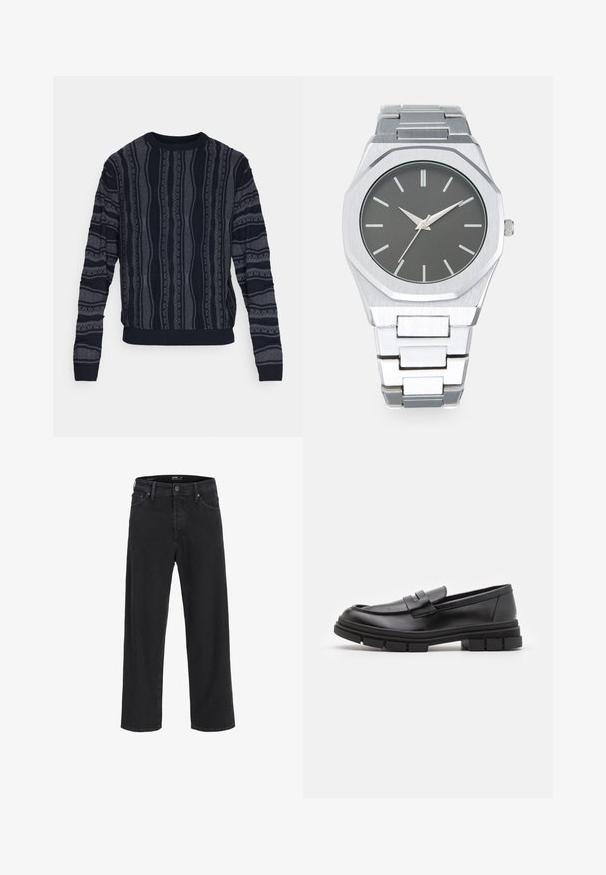 Redefined Rebel TETON REGULAR FIT - Strickpullover - black grey; Jack & Jones Alex - Baggy Jeans - black denim; Schwarze Lederloafer mit glatter Oberfläche, ausgestattet mit einem vorderen Riemendetail und einer klobigen Gummisohle mit gerippten Akzenten.; Silberne Analog-Uhr mit achteckigem Gehäuse, grauem Zifferblatt, silbernen Stundenmarkierungen und einem Armband aus Edelstahl. Minimalistisches Design mit glatter Textur.