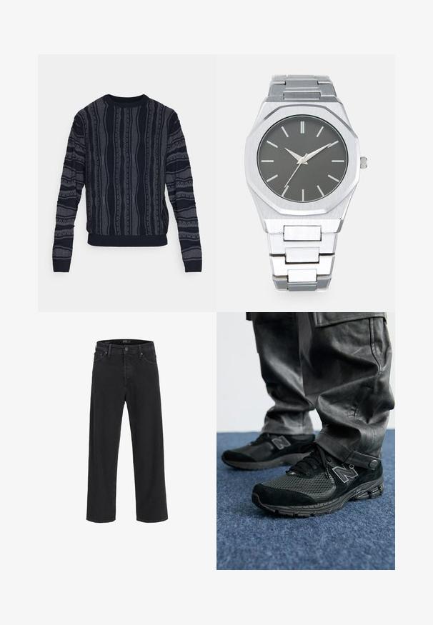 Redefined Rebel TETON REGULAR FIT - Maglione - black grey; Jeans in denim nero a gamba dritta con chiusura a bottone e zip, passanti per cintura e tasche anteriori e posteriori.; Le sneakers nere New Balance presentano un mix di materiali in rete e camoscio, una suola nera texturizzata e un logo prominente sul lato.; Orologio analogico argento con cassa ottagonale, quadrante grigio, indicatori delle ore argentati e bracciale in acciaio inossidabile. Design minimalista con texture liscia.